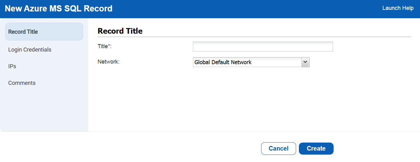 New Azure MS SQL Record
