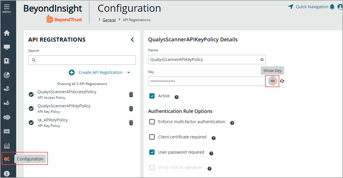BeyondInsight UI Show Key Icon to show API Key.