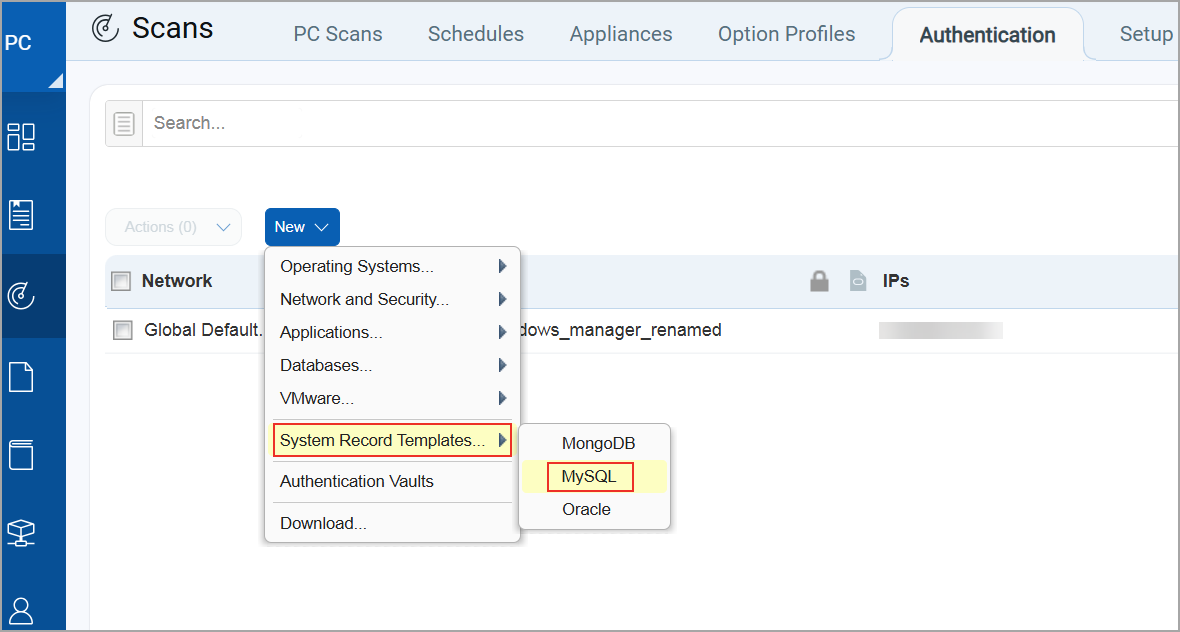 Selecting MySQL by navigating to Scan tab.