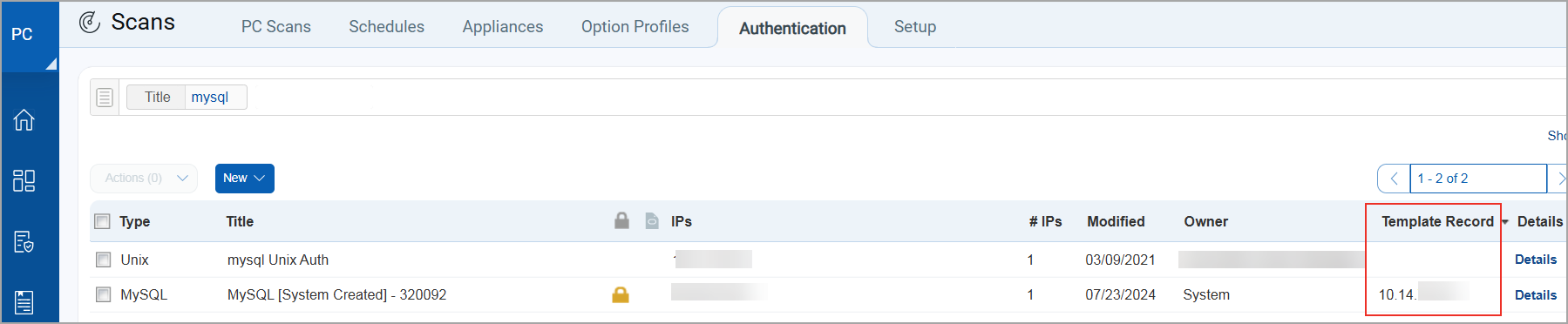 template associated with system created MySQL.