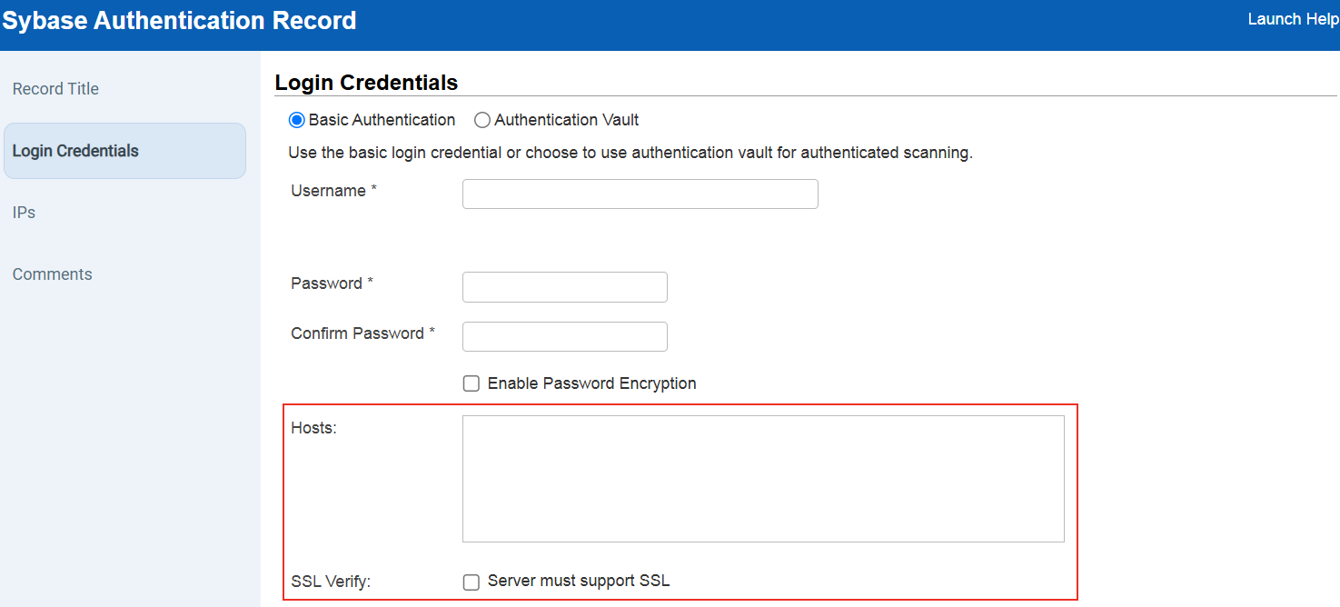Sybase Authentication Record window with the field Hosts and SSL Verify