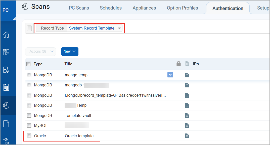 Oracle record template on Authentication list