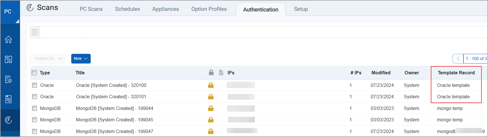 Template Record column on Authentication list