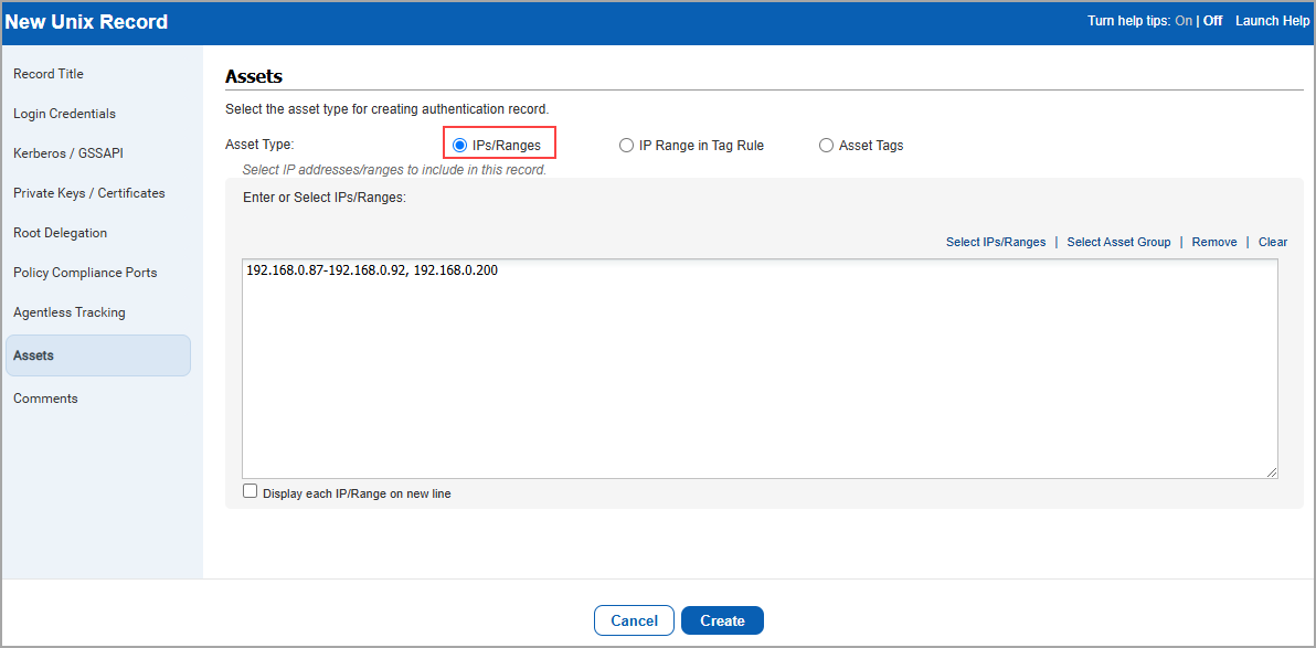 Asset type IPs and Ranges