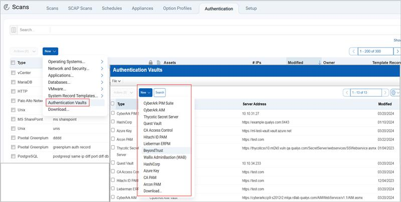 Authentication Vaults Menu Under Scans Authentication