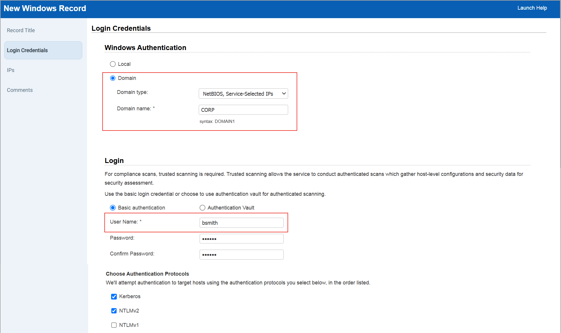 Sample Windows Authentication Record with Domain type NetBIOS, Service Selected IPs and Domain Name CORP and User Name bsmith