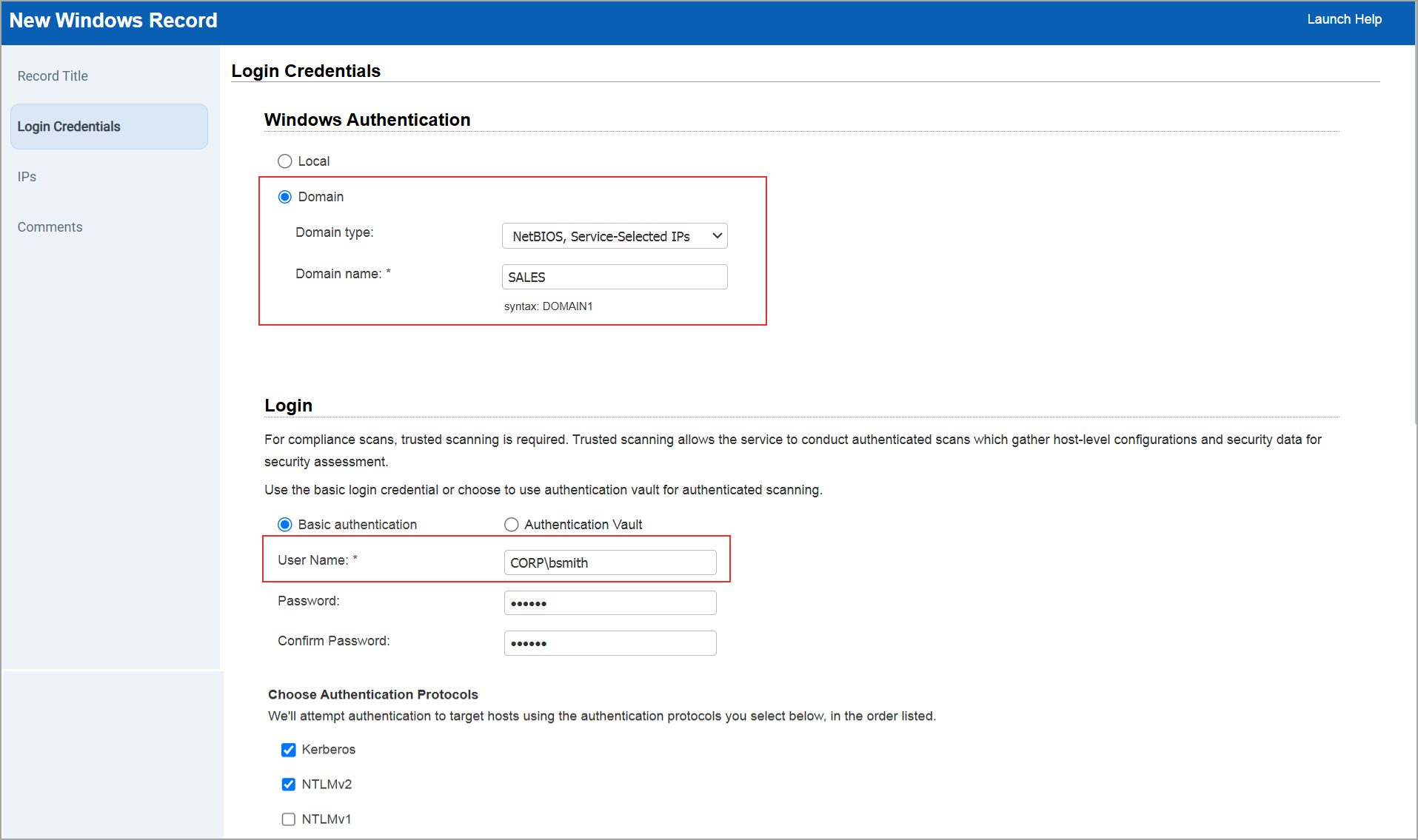 Sample Windows Authentication Record with Domain type NetBIOS, Service Selected IPs and Domain Name Sales and User Name CORP\bsmith
