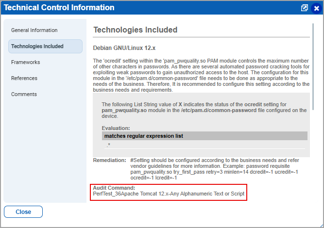 Audit command displayed for a technology.