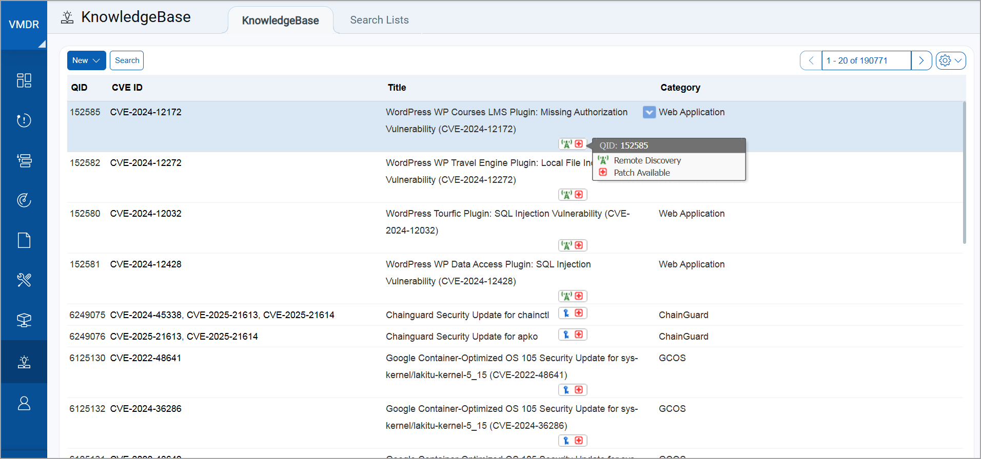 KnowledgeBase search results and icons for remote and authenticated discovery