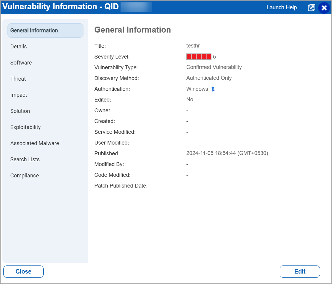 Vulnerability Information QID window with patch published date field