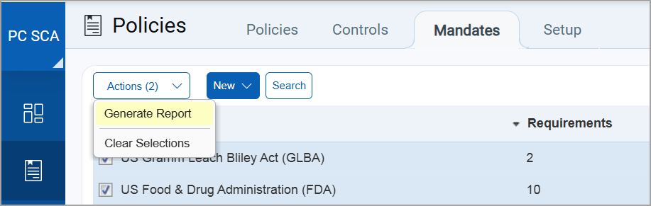 Generate Report option on Mandates tab