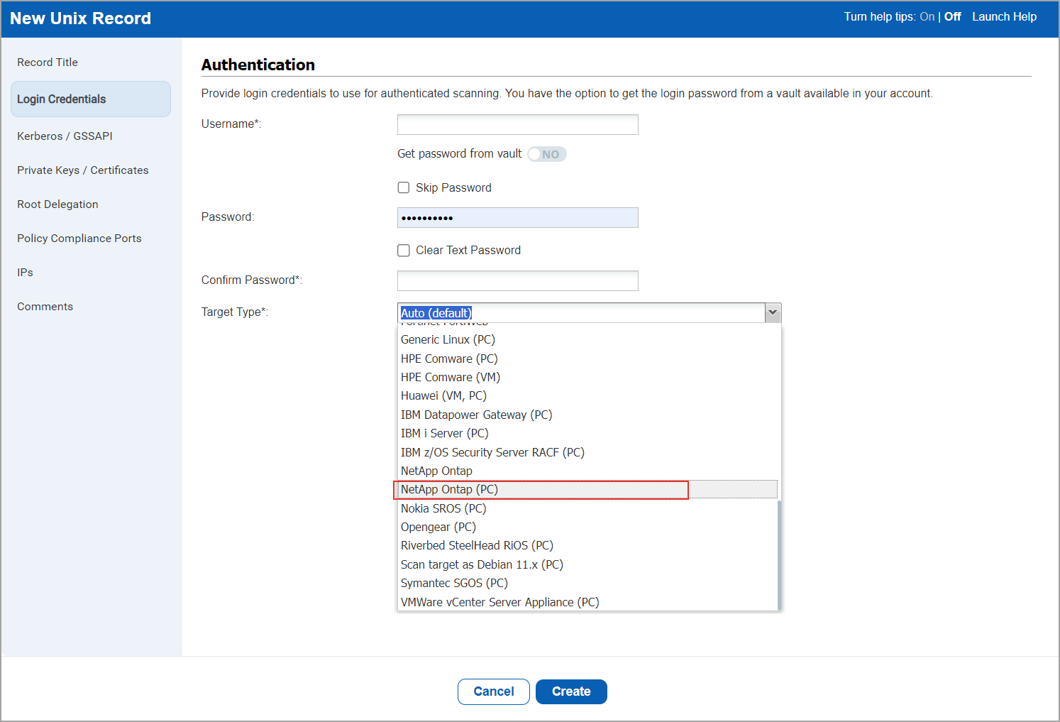 Selecting the target type as Netapp ontap.