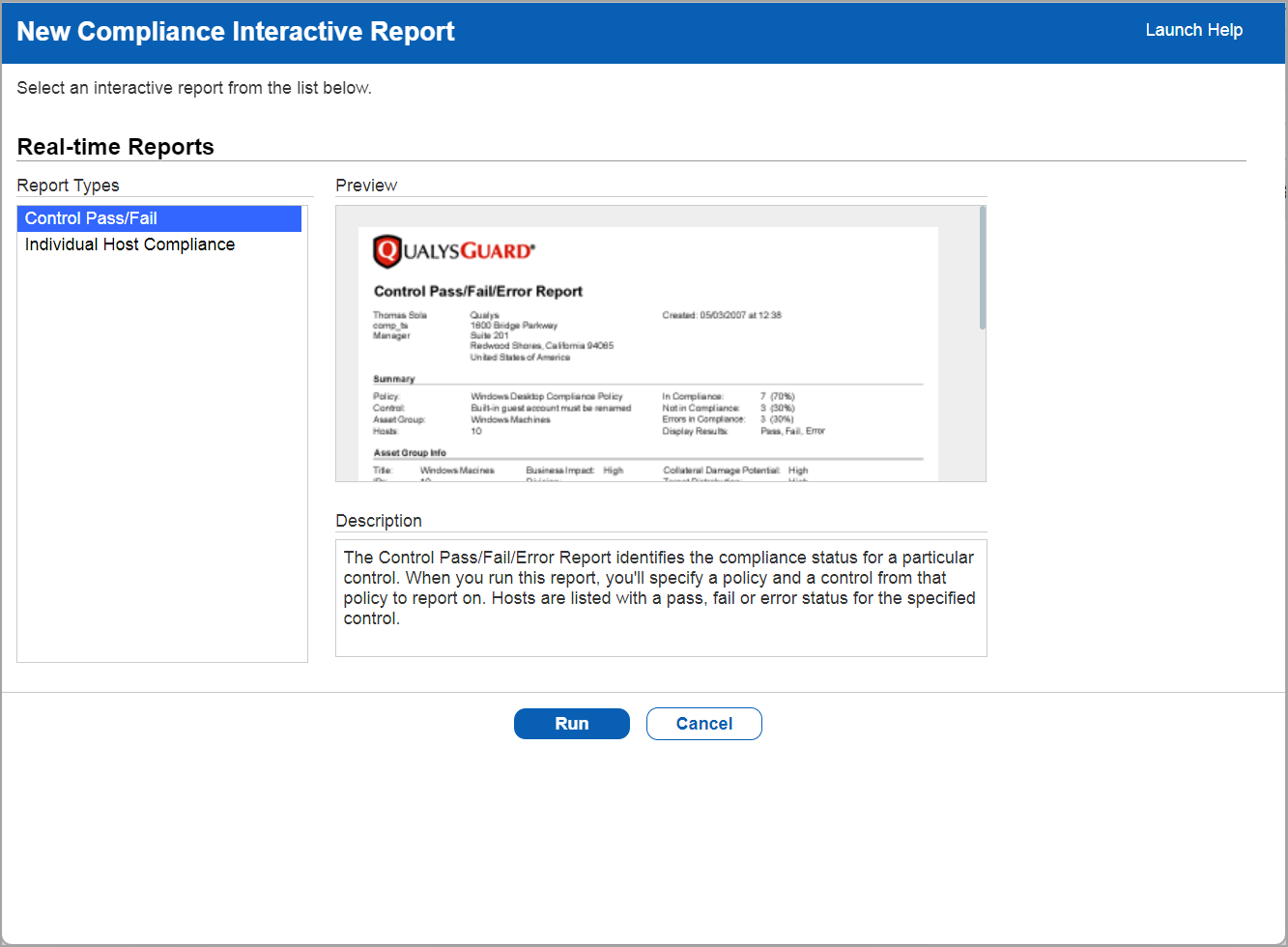 control pass/fail report