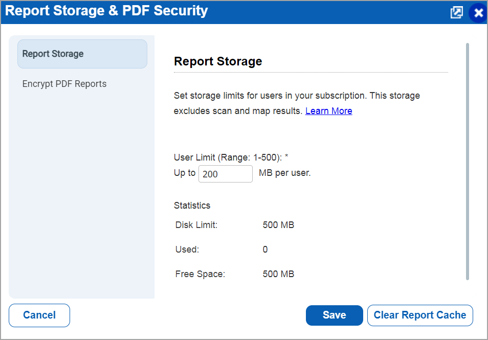 Selecting Encrypt PDF Reports in Report storage setup.