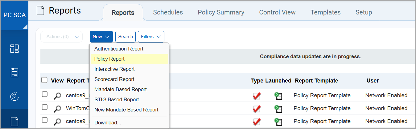 New Policy Report menu option