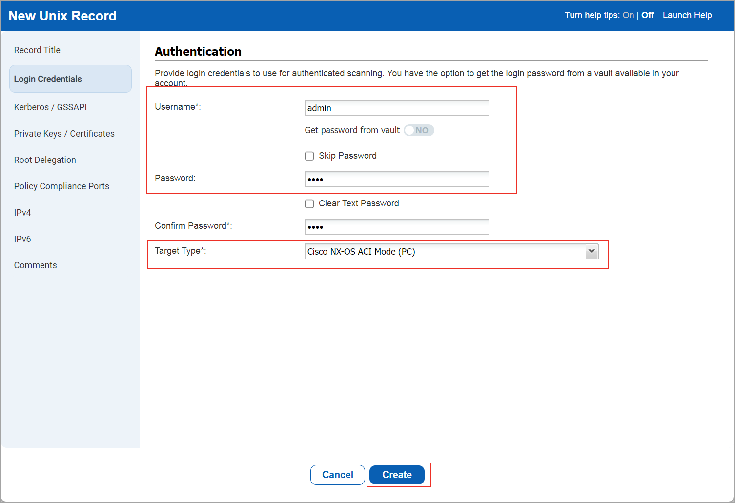 Selecting the Fortigate vdom target type for creating the auth record.