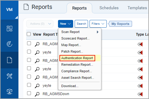 New Authentication Report option when running reports in VM