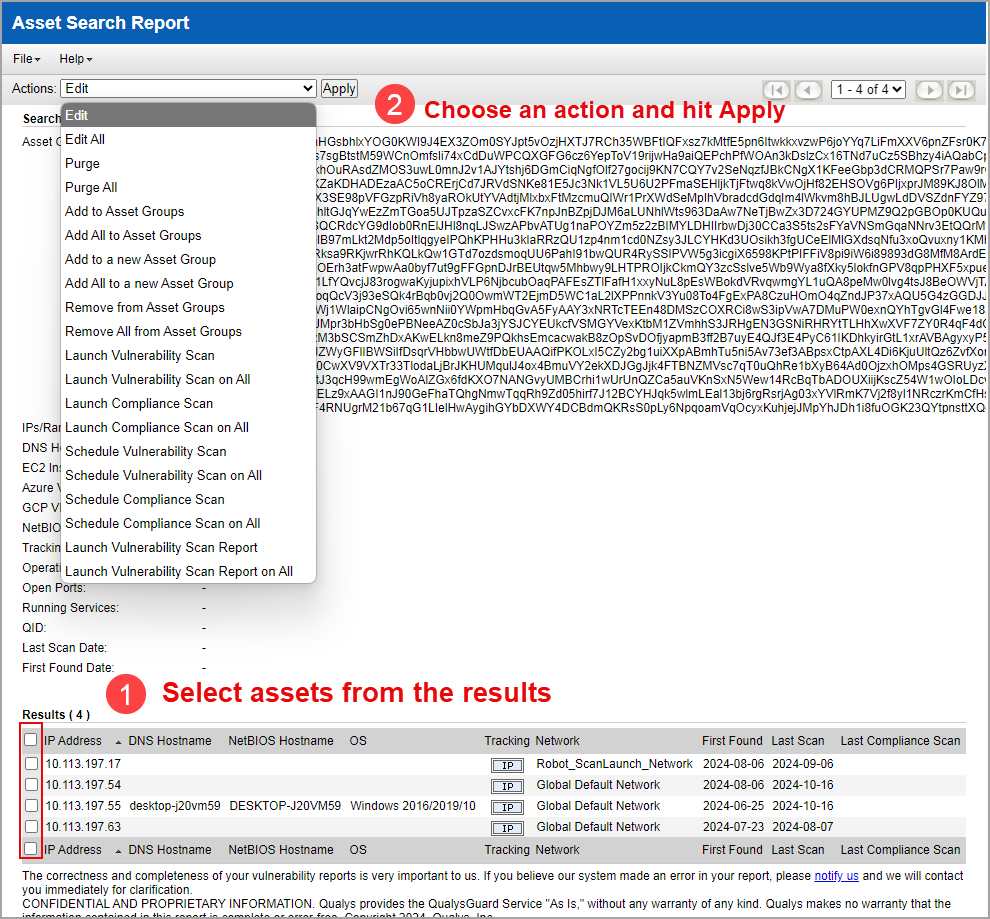 Actions menu in your Asset Search Report