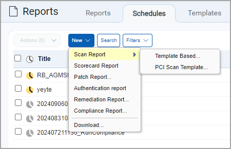 New Scan Report menu option under Schedules