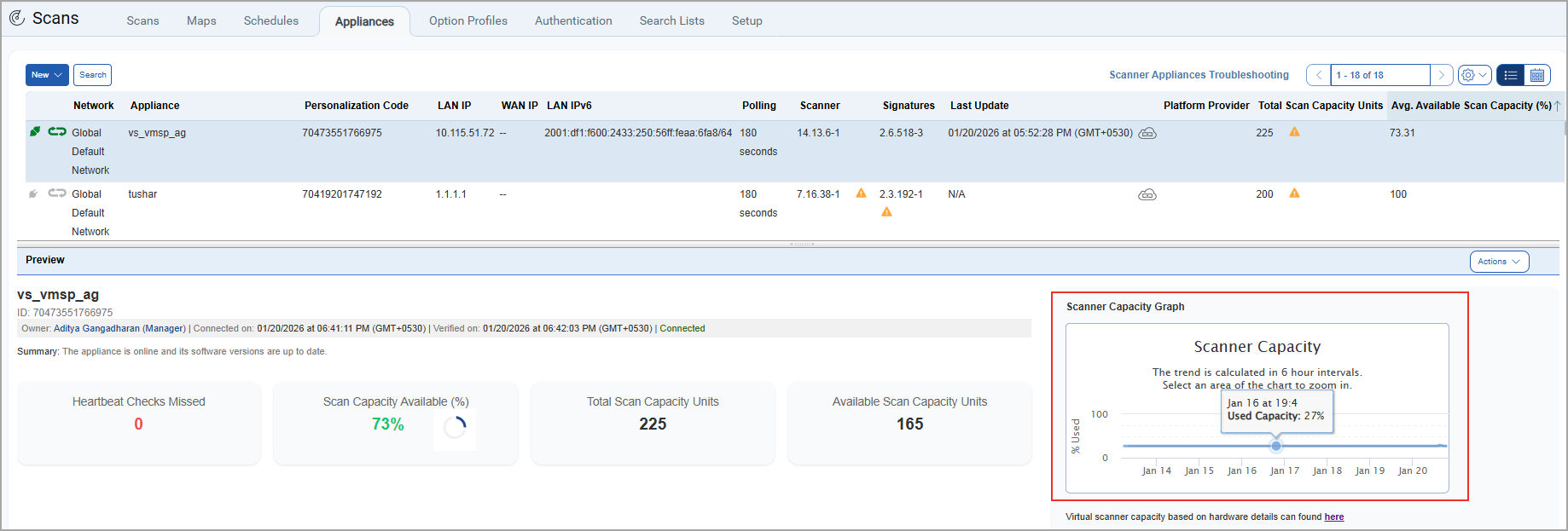 Scanner Capacity in Scanner Appliance Information window