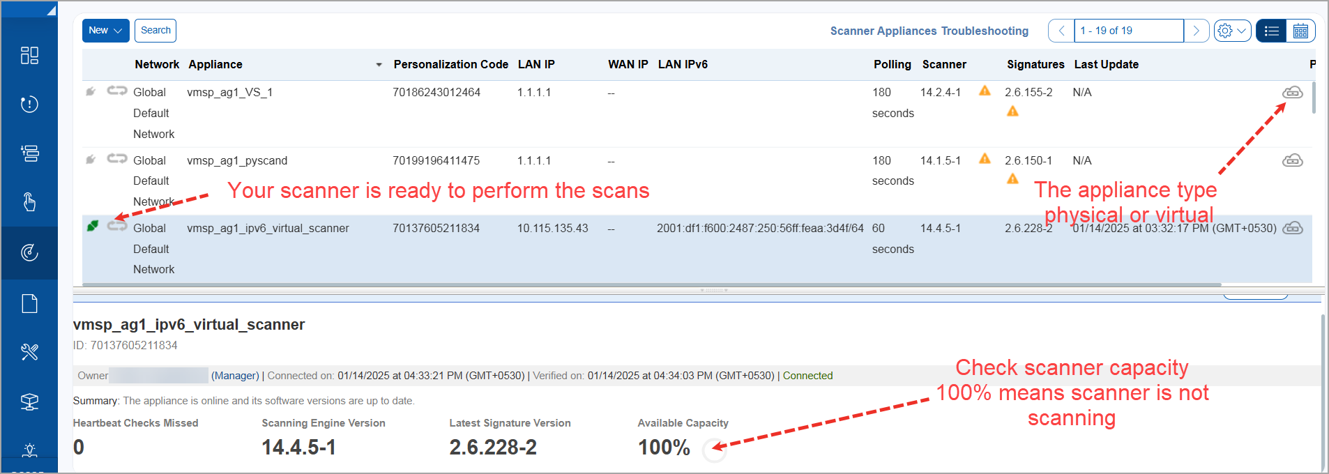 Appliances tab with scanner status, appliance type, scanner capacity