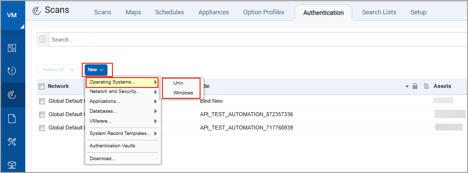 Authentication tab for creating Unix and Windows authentication records for EC2 instances