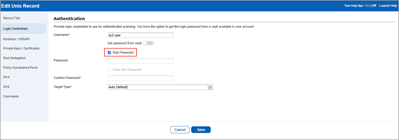 Unix record with Skip Password option selected