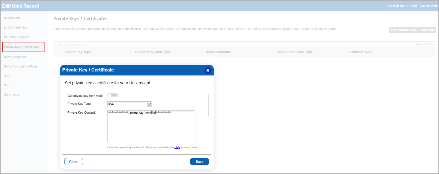 Unix record with private key