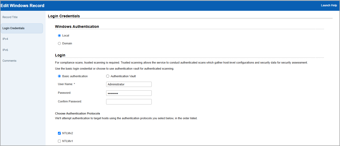 Windows record with user name and password