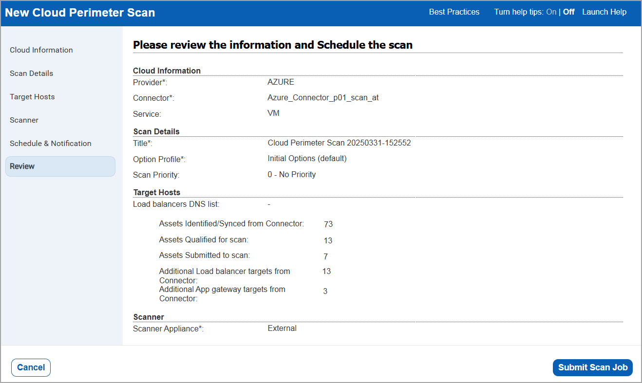 Review scan settings for Azure VM scan.