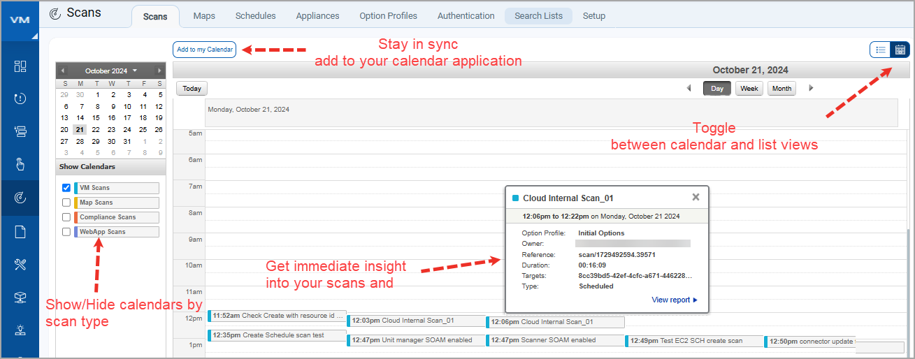 Calendar view on Scans tab