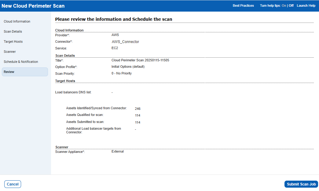 Review scan settings for EC2 Scan.