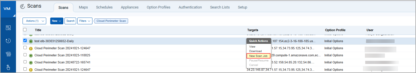 Scans list with scan status