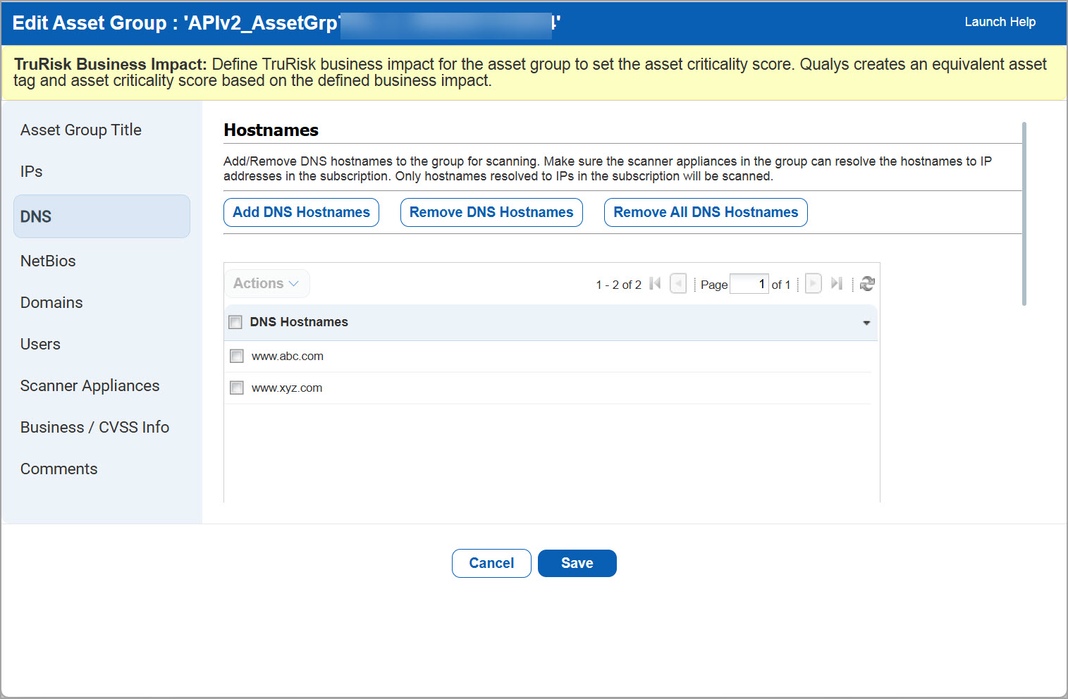 DNS section in Edit Asset Group window