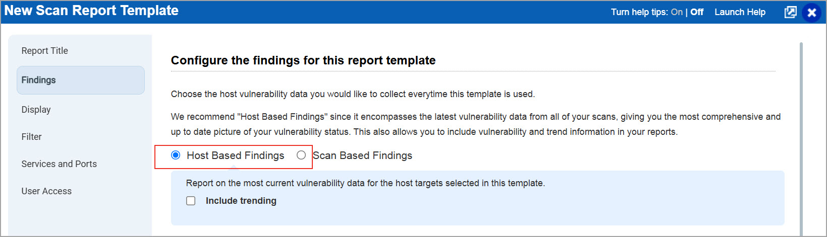 Host Based Findings option selected in Scan Report Template