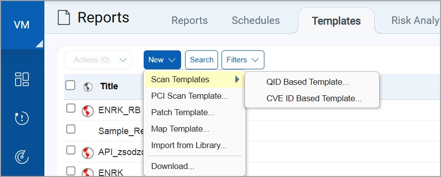 New Scan Template menu option under Templates
