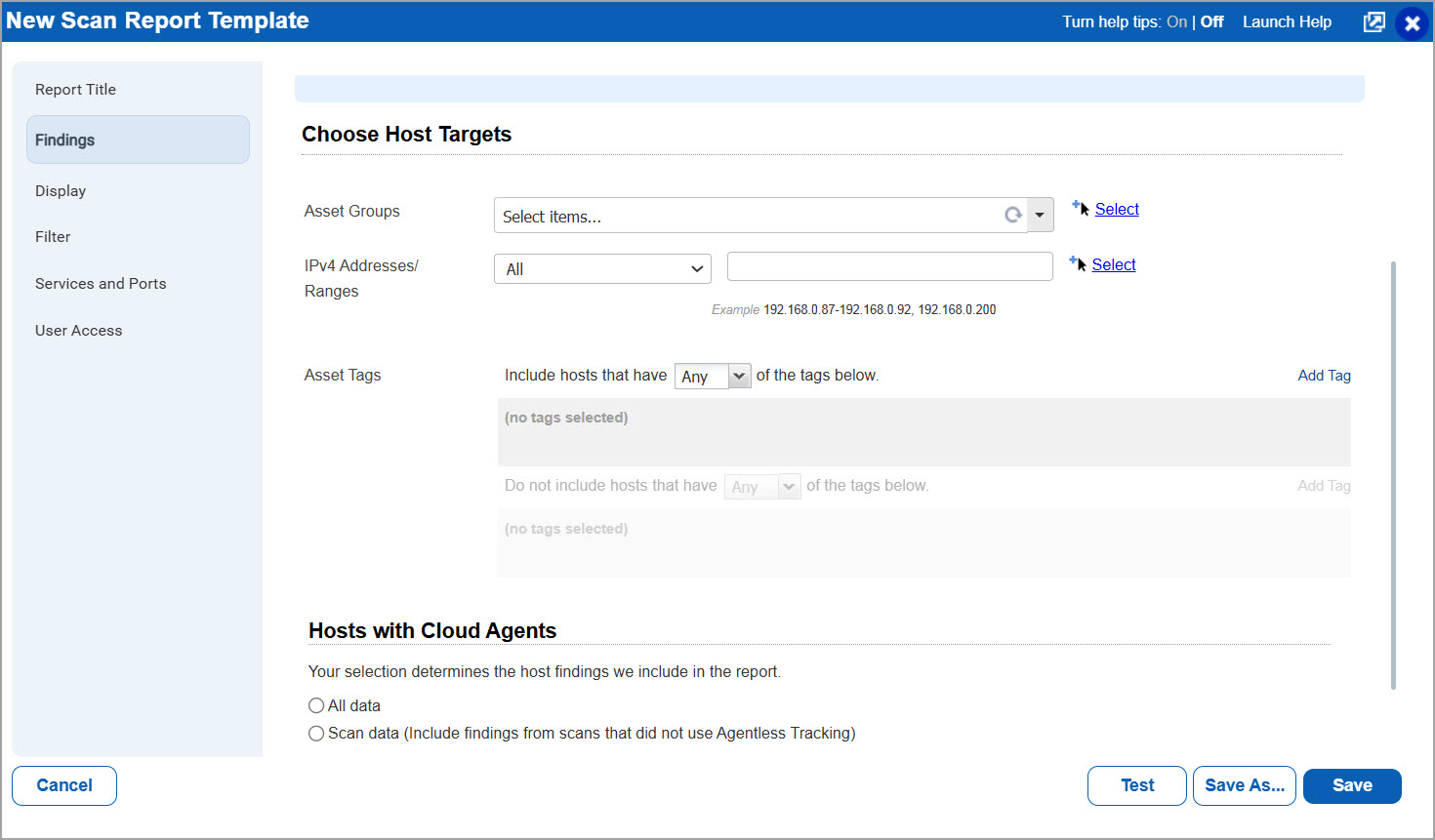 Scan Report Template with Resolve DNS association of an asset group and Include only the latest scanned DNS asset options selected