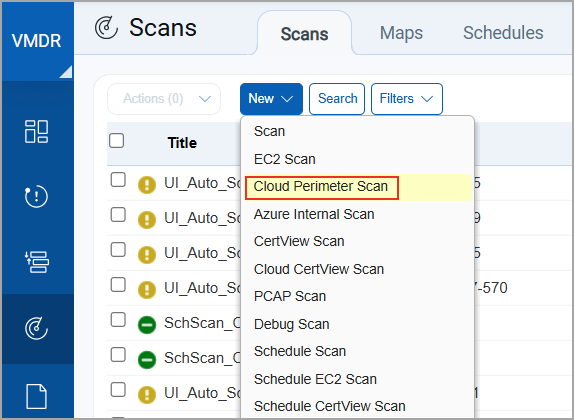 New Scan option on Scans tab