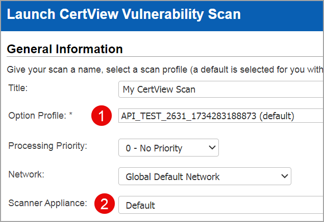 CertView Scan Settings: Option Profile and Scanner Appliance
