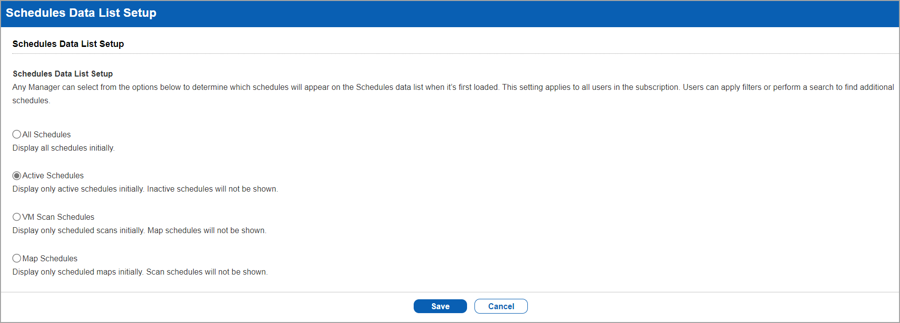 Scheduled data list setup window