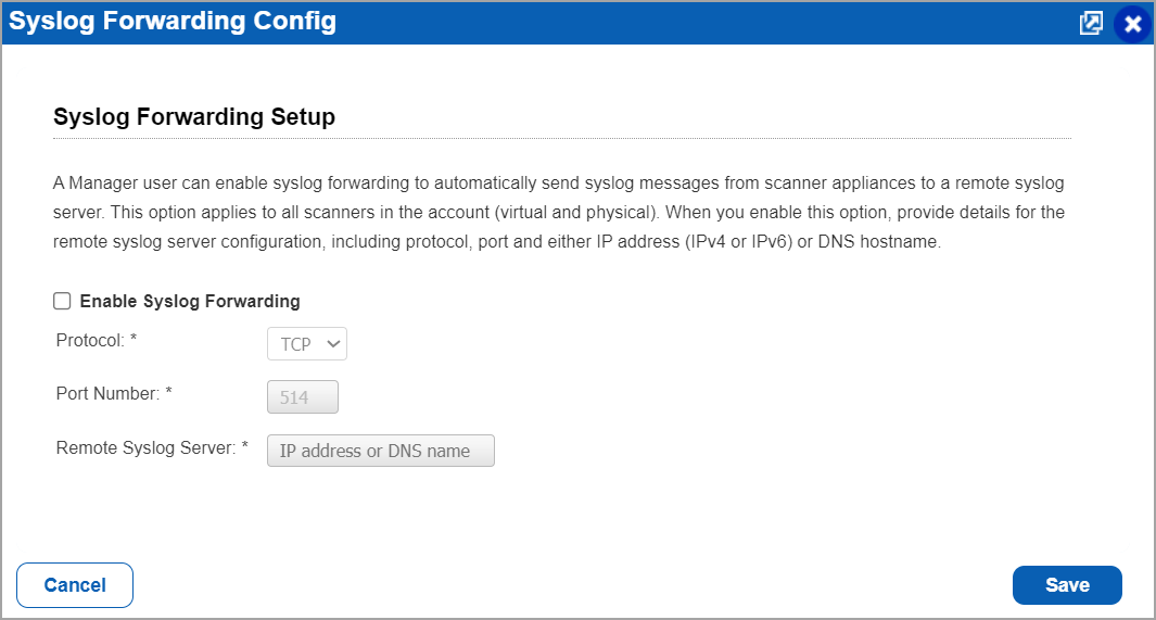 Syslog forwarding config window
