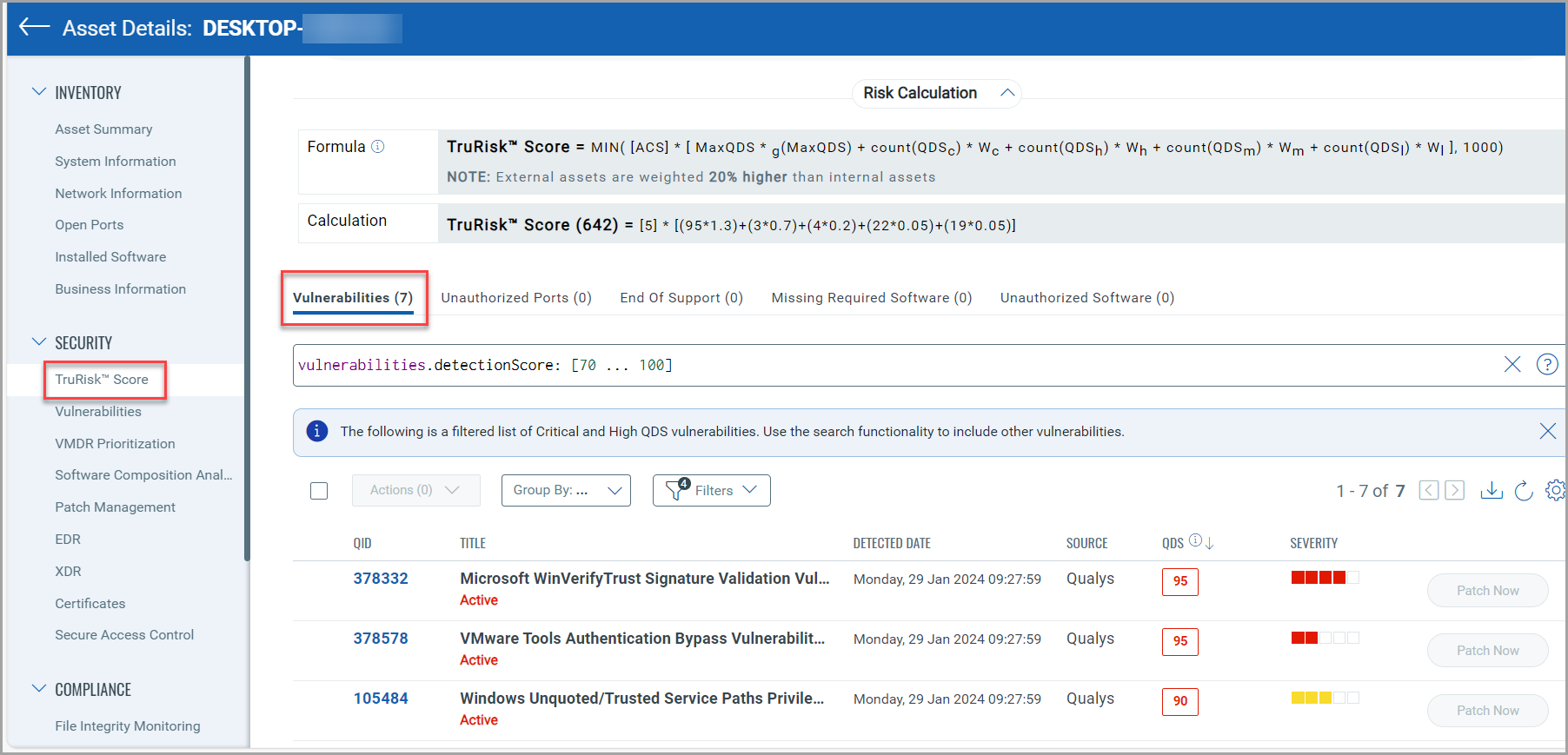 TruRisk score details about vulnerbailities in Asset Details page.