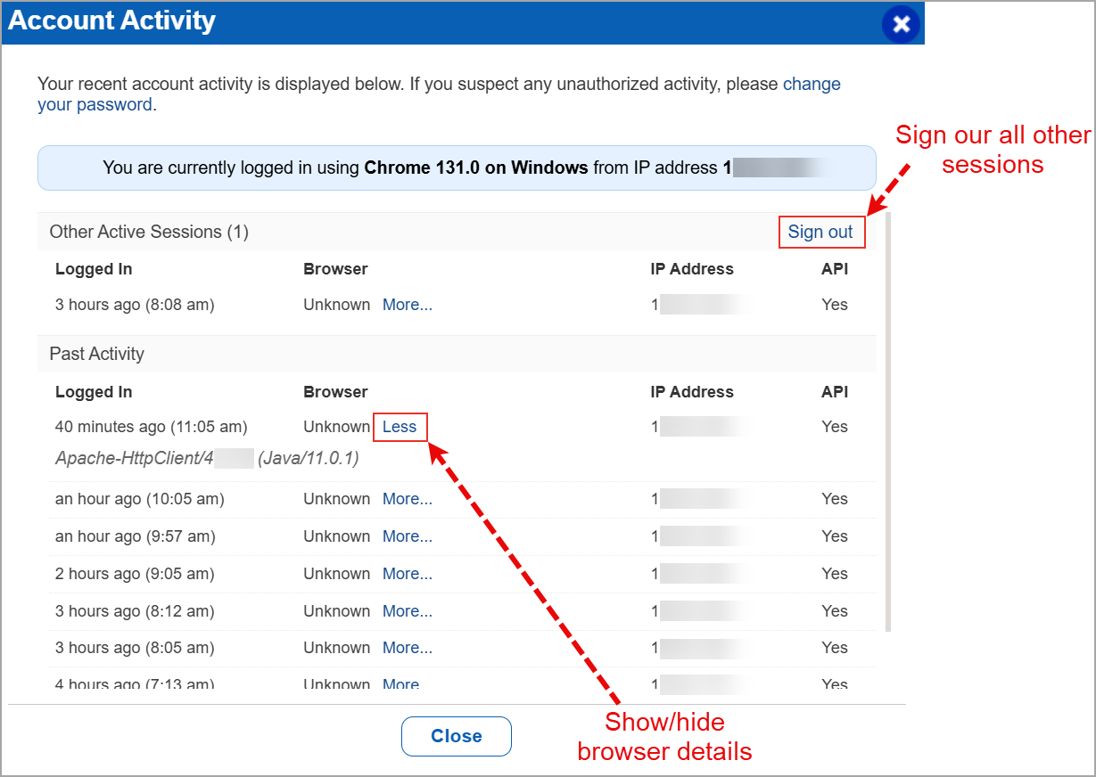 Account Activity window