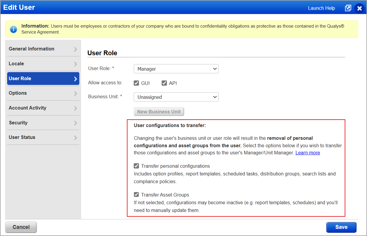 User configurations to transfer checkboxes.