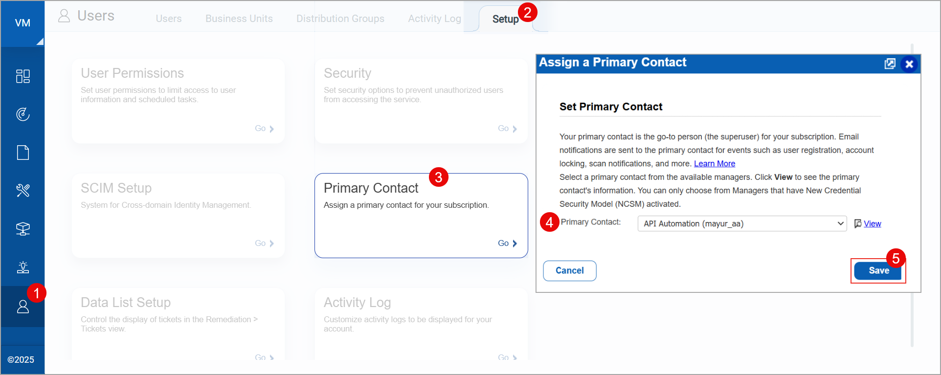 Selecting the primary contact from the User setup.