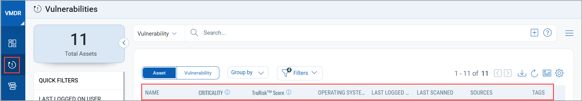 Choose Asset to view the assets in your inventory.