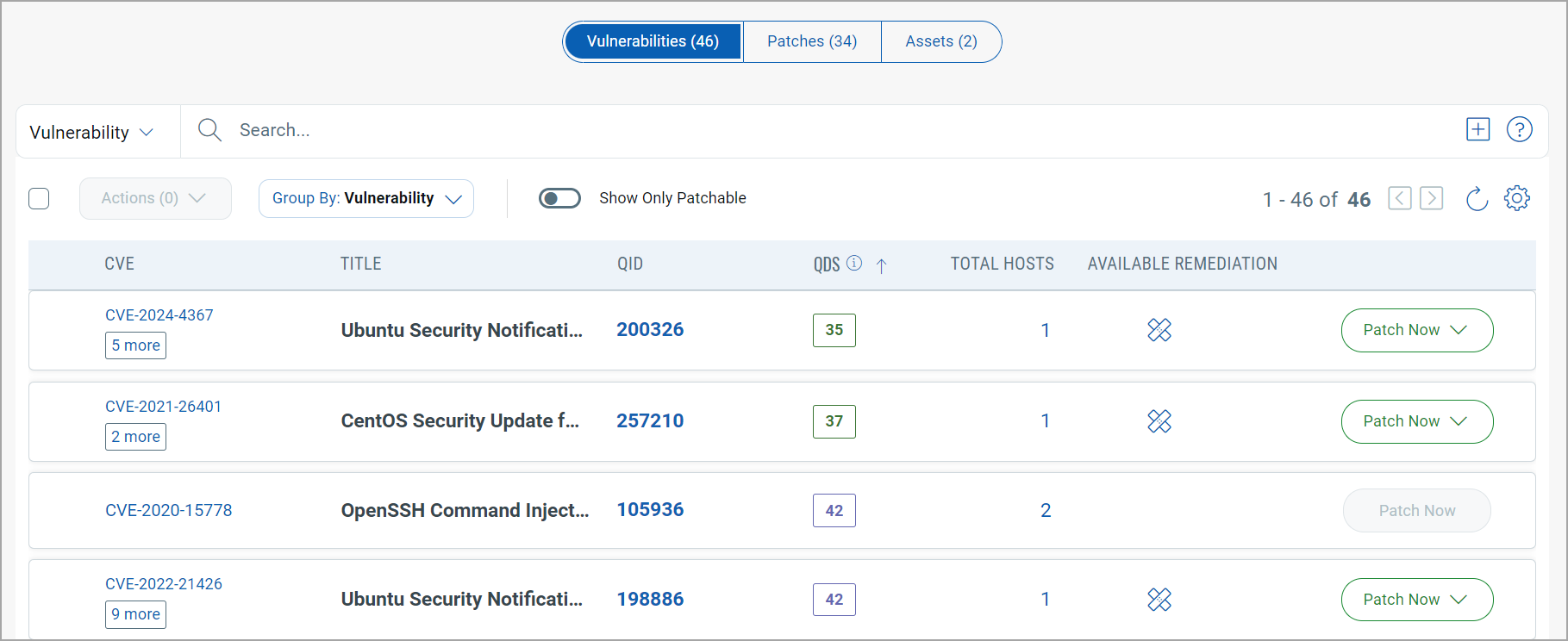 Detail information about vulnerabilities, patches and assets.