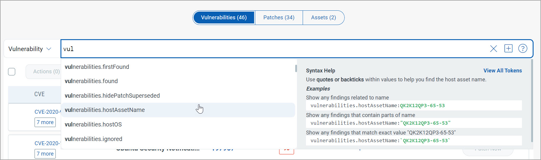 search query options displayed as you type the text.