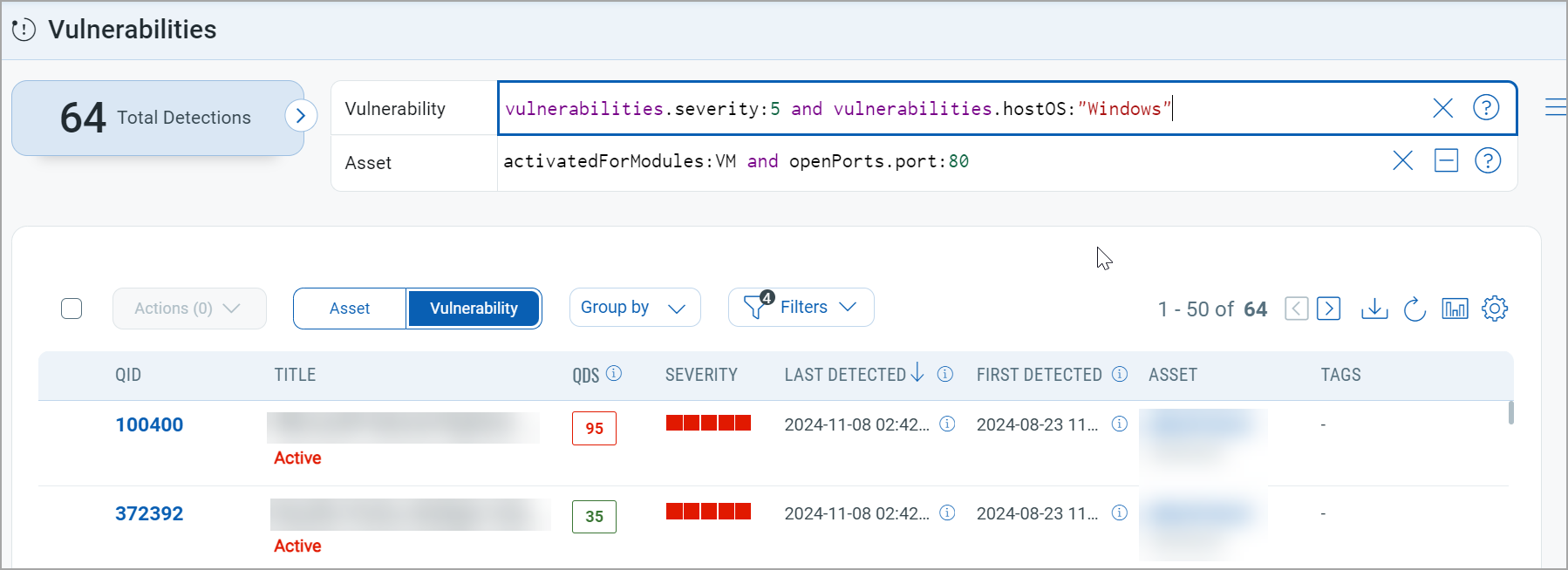 Formation of multiple queries for assets and vulnerabilities.