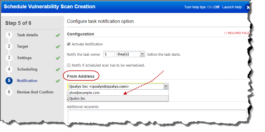 Choosing email address to configure notification for scheduled reports.